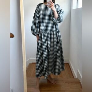 April Meets October Black White Gingham Plaid Oversized Puff Sleeve Dress OS